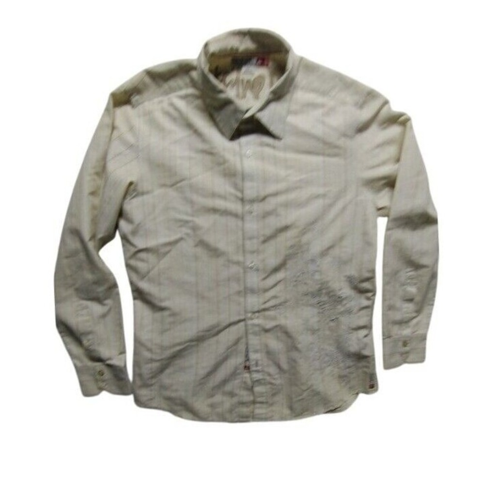 Quiksilver Mens Large Slim Fit Long Sleeve Beige‎ Striped Button Down Shirt